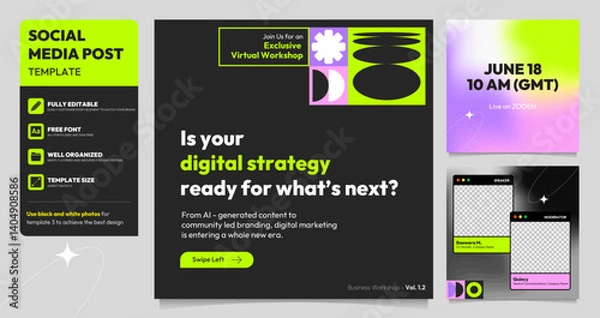 Obraz Webinar Social Media post template. Modern banner with abstract glow effect gradient background and geometric design elements. Vector design with place for the photo. Suitable for social media