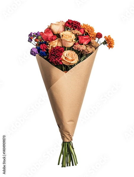 Obraz Colorful bouquet of roses and flowers wrapped in kraft paper on a white background.
