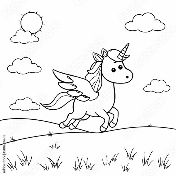 Obraz Cute Cartoon Unicorn with Wings Coloring Book Style Black and White Line Drawing Flying Pegasus in Grassy Field with Sun