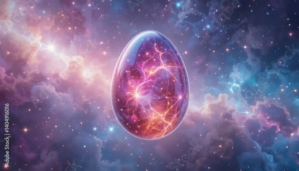 Fototapeta Celestial cosmic egg with swirling nebula background and crackling energy within