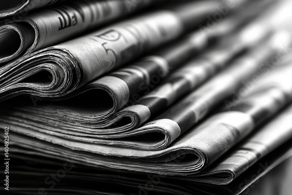 Fototapeta Close-up image of several neatly folded newspapers in black and white, symbolizing traditional media, journalism, and news distribution.
