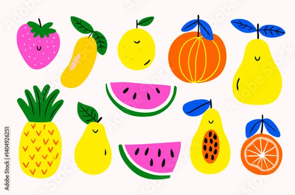 Fototapeta Vibrant Fruit Selection: A captivating collection of colorful and cheerful illustrations showcases a variety of fruits, radiating freshness, and natural sweetness.