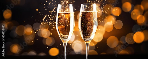 Fototapeta Celebration with sparkling drinks in elegant glasses against a backdrop of shimmering lights