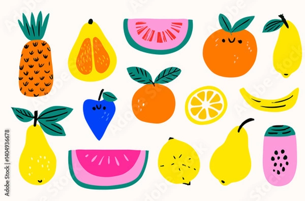 Fototapeta Cheerful Fruit Medley: A vibrant assortment of hand-drawn fruits arranged in a playful, whimsical style, creating a visual celebration of natural, healthy foods. 