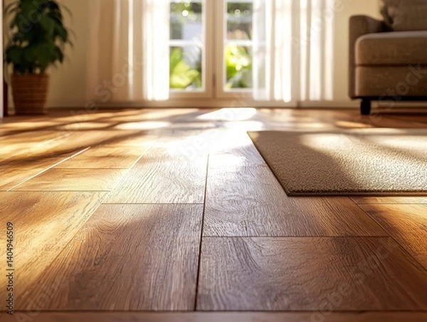 Fototapeta Bright, airy room with warm wood flooring and sunlight streaming through the window.  A cozy and inviting space for relaxation.