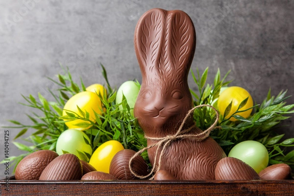Fototapeta Traditional Easter chocolate bunny and eggs inside a wooden crate