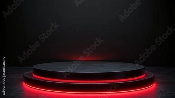 Fototapeta Black circular podium with red neon lighting in dark room, futuristic display for product promotion or digital design showcase.