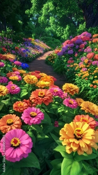 Fototapeta Walking Path Through a Vibrant Flower Garden with Lush Greenery