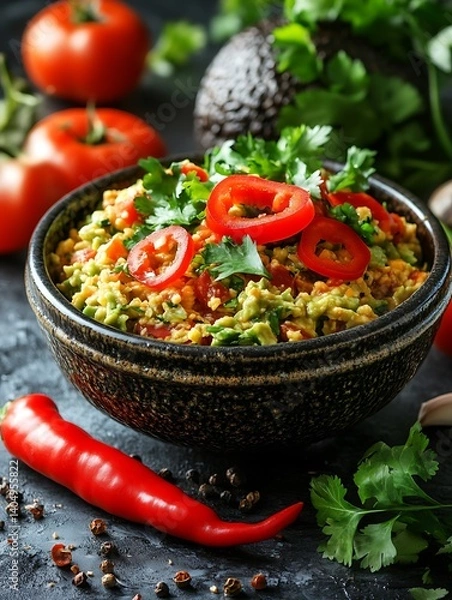 Fototapeta Fresh Guacamole Bowl on Dark Stone