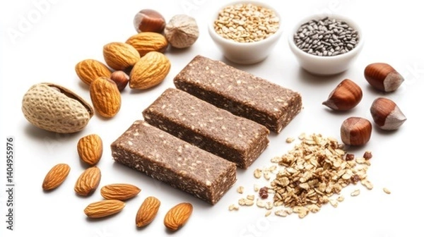 Fototapeta Assortment of healthy snack bars with nuts and seeds composition isolated