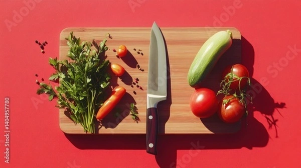 Fototapeta Culinary still life featuring fresh vegetables on a chopping board