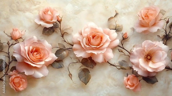 Fototapeta Delicate Peach Roses in Bloom, Delicate peach roses in full bloom with soft green leaves against a blurred background