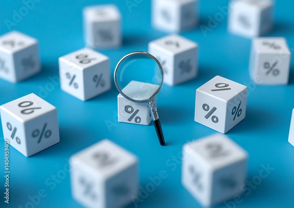 Obraz White cubes with percent signs on a blue background and a magnifying glass over one cube, a concept of financial analytics or purposes such as analyzing