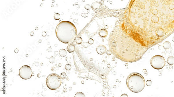 Obraz Top-down view of skincare toner splash, transparent liquid with bubbles, subtle reflection, white background, hyper-detailed PNG
