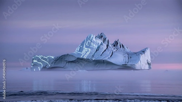 Obraz This image shows a white iceberg in a misty sea at dawn. White light illuminates patterns on the iceberg's surface.