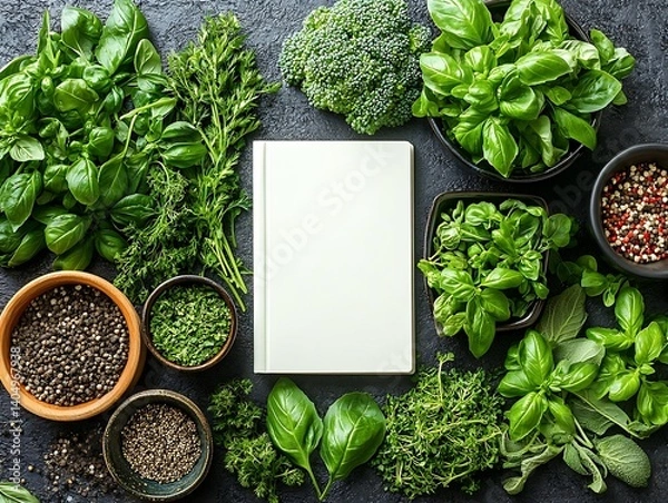 Fototapeta Fresh Herbs, Blank Cookbook, Dark Surface