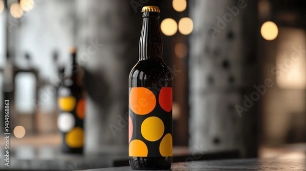Fototapeta Artisan beer bottle with playful geometric label in a blurred bar scene