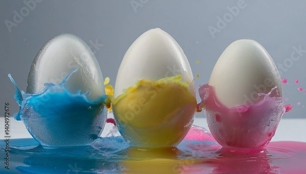 Fototapeta Three glossy white eggs standing in a pool of vibrant liquid Arrangement of small, hand-deco