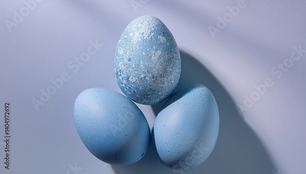 Fototapeta Three speckled robin blue Easter eggs arranged in a loose triangle, natural texture, soft li 