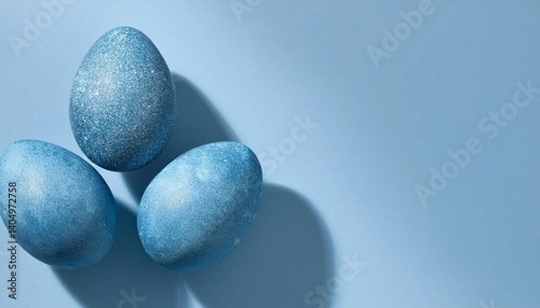Fototapeta Three speckled robin blue Easter eggs arranged in a loose triangle, natural texture, soft li 