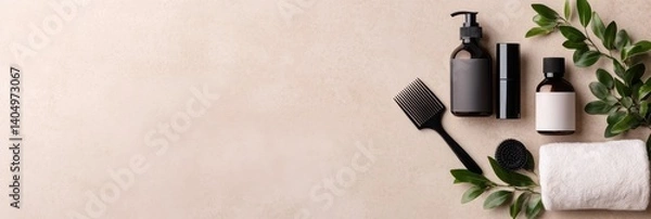 Obraz Clean top down view of a bathroom counter setup with skincare products and accessories
