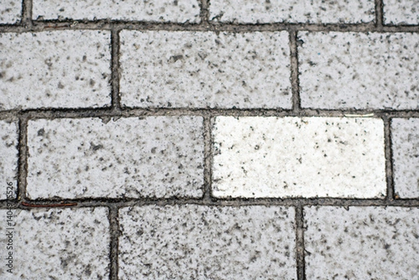 Fototapeta Close-up of a section of gray brick pavement with one distinctly clean, white brick standing out. Pattern disruption.