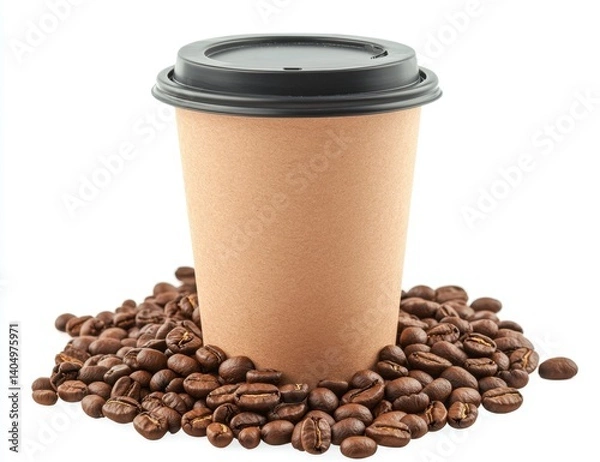 Fototapeta Coffee Cup and Beans Arrangement on White Background for Beverage Concepts