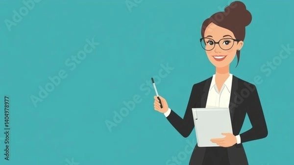Fototapeta Professional woman presenting with documents on a teal backdrop space