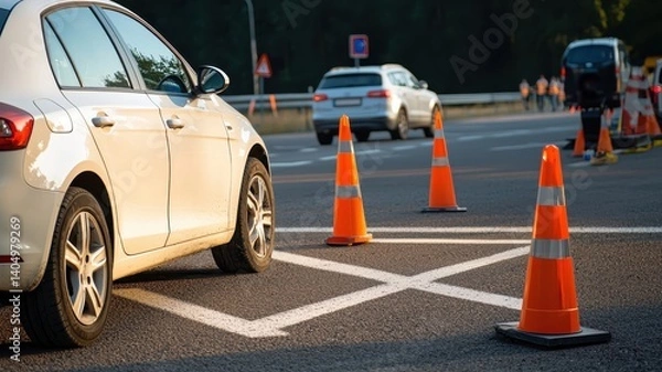 Obraz A driving practice scene emphasizing traffic and car maneuvering skills.