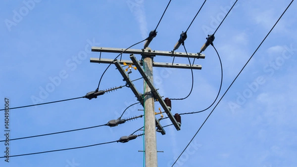Fototapeta close up of electric pole with blue sky background