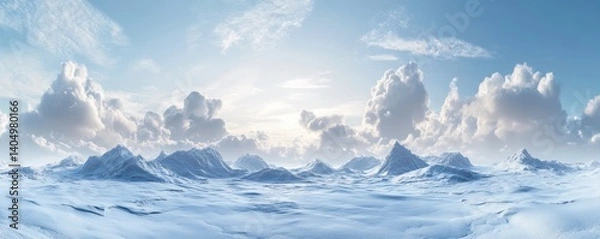 Fototapeta Snowy Mountain Peaks and Cloudscape Landscape Under Bright Sky Panorama