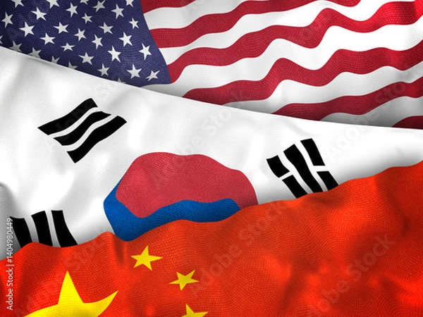 Fototapeta Illustration showing flags of USA, South Korea, and China, symbolizing East Asian diplomacy, military alliances, and complex regional relationships.