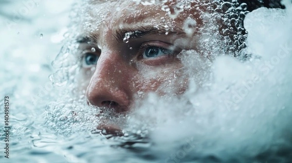 Fototapeta Submerged: A Man's Face Emerges from Water, Bubbles Enveloping Him