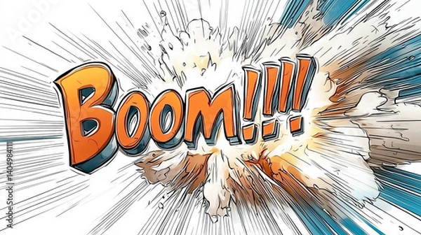 Fototapeta Isolated comic book illustration with sketchy 'Boom!!!' text and explosion effect on white background.