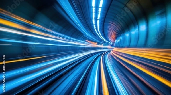 Fototapeta Streaking blue and gold light trails converge within a dark tunnel, creating a sense of rapid motion and depth