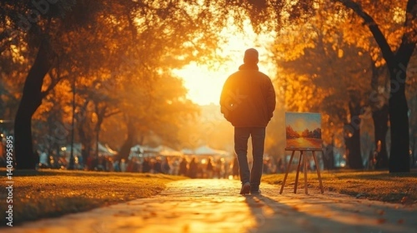 Fototapeta A solitary figure walks through a vibrant autumn park at sunset, with an easel displaying artwork