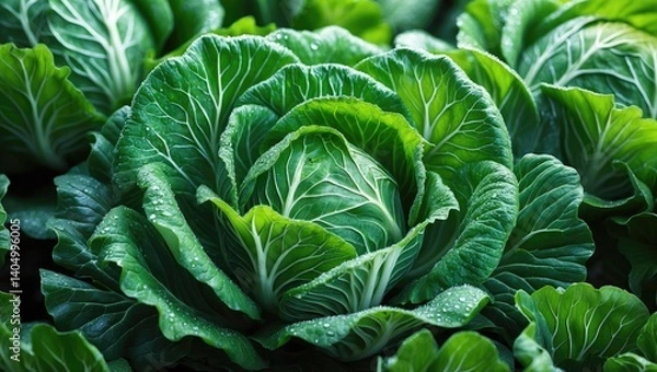 Fototapeta A fresh, ripe head of savoy cabbage with numerous leaves flourishing in the garden. Close-up view. Highlights organic agriculture, nutritious food, and natural living.
