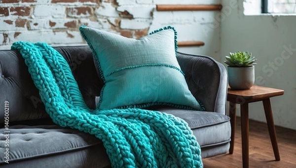 Fototapeta Woolen knitted blanket draped over sofa in interior setting