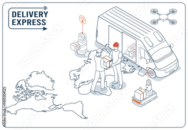 Obraz Isometric illustration of a global delivery shipping service provides smart logistics for export, import, and local distribution, delivering online orders from couriers directly to homes worldwide.