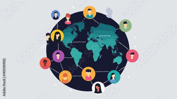 Fototapeta Global Social Media Network Concept with Diverse User Avatars Connected Around World Map