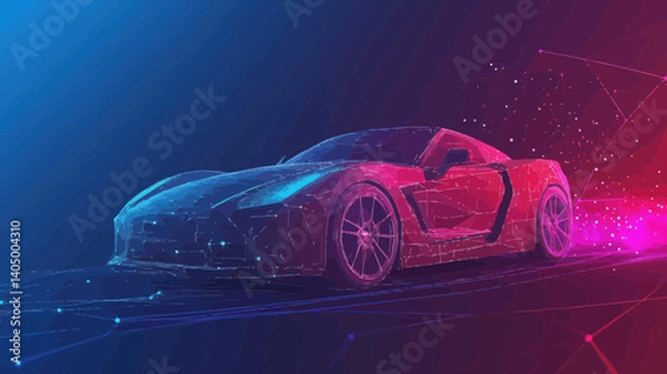 Fototapeta Low Poly Sport Car with Polygon Line and Connected Dots on Abstract Background - Minimalist SVG Vector Speed Concept Illustration