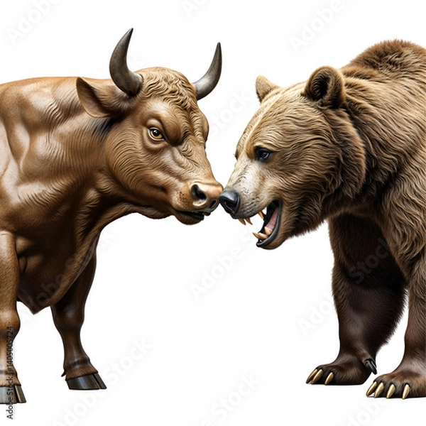 Fototapeta Intense stock market bull and bear clash, representing market volatility and economic competition, dramatic concept isolated as PNG image