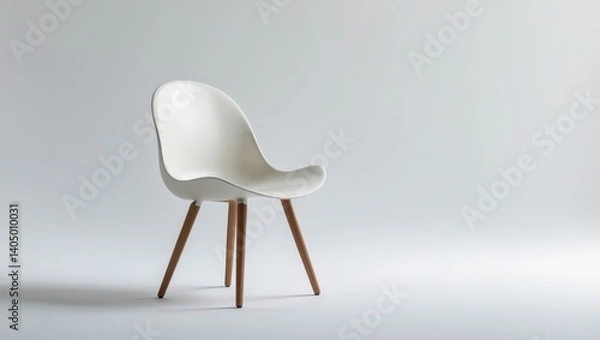 Fototapeta White modern chair featuring wooden legs on a plain background