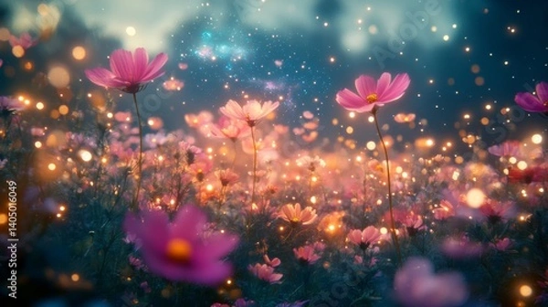 Fototapeta Magical Cosmos Flower Field at Night with Glowing Lights