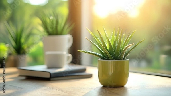 Obraz Aloe Vera Plant in a Green Pot on a Desk by Window