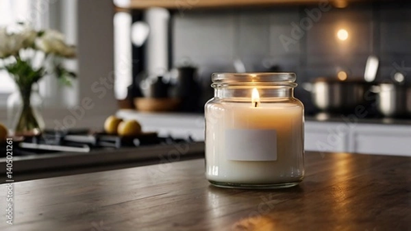 Fototapeta Copy space of a blank label on a glass scented candle jar on a Rustic wooden countertop under blurred kitchen background for mock up, 3D model & rendering