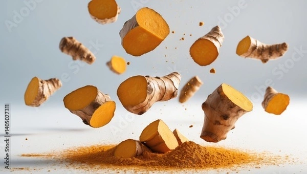 Obraz Fresh turmeric root and powder floating in the air with a plain background.