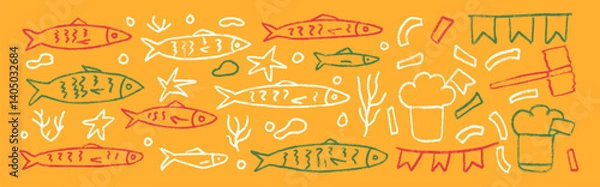 Obraz Fishes chalk line doodle set. Santos Populares festival. Hand drawn sardines and garlands. Algae, manjerico, party elements. Vector illustration. Crayon naive holiday clipart.