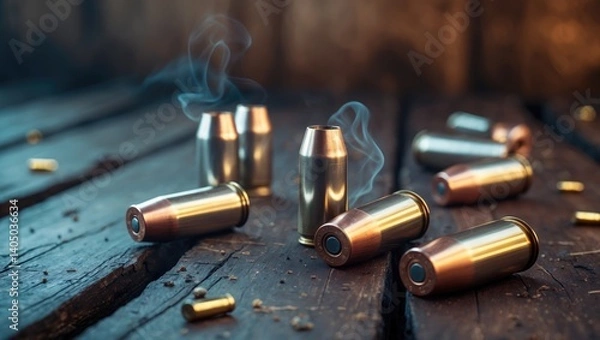 Fototapeta Close-up of empty spent bullet casings on the wooden floor of a house