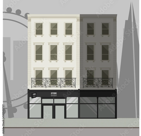 Fototapeta White apartment building with a balcony and a store in the ground floor.